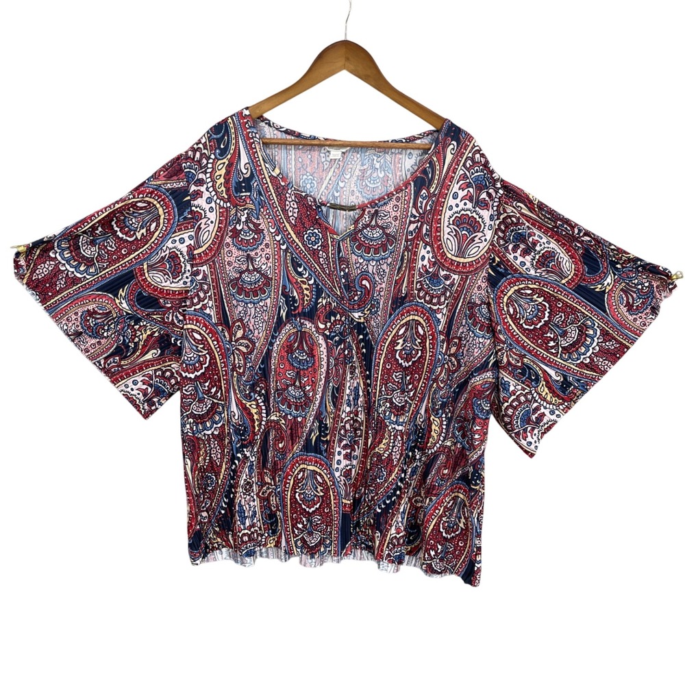 Cato Woman Boho Paisley Blouse Statement Kimono Top Crinkle Key Hole Size 26/28W